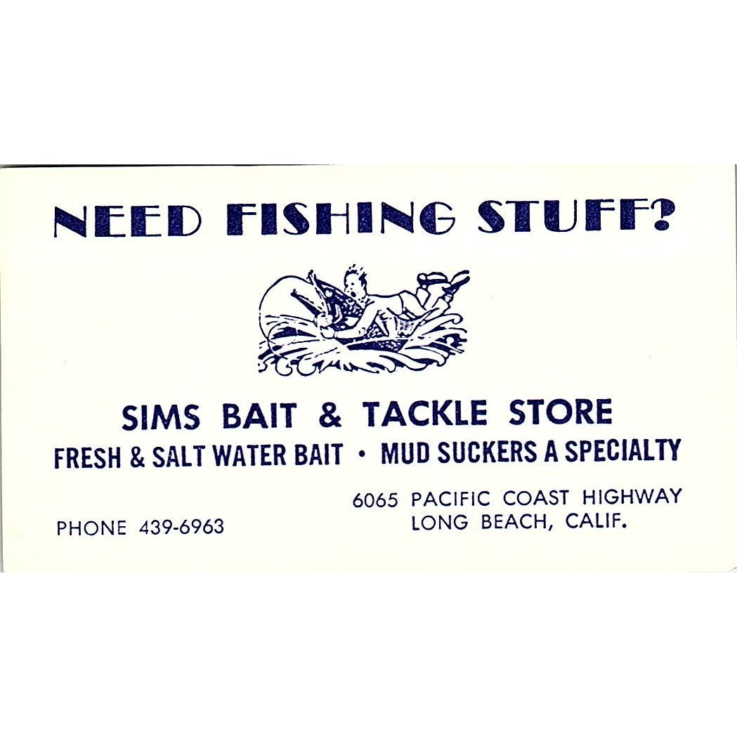 Sims Bait & Tackle Store Long Beach California Vintage Business Card SB4-B10