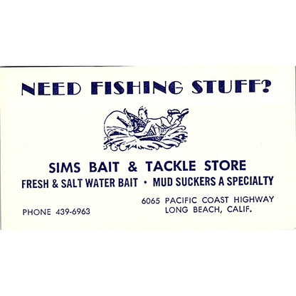 Sims Bait & Tackle Store Long Beach California Vintage Business Card SB4-B10