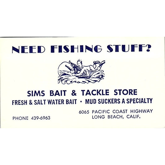 Sims Bait & Tackle Store Long Beach California Vintage Business Card SB4-B10