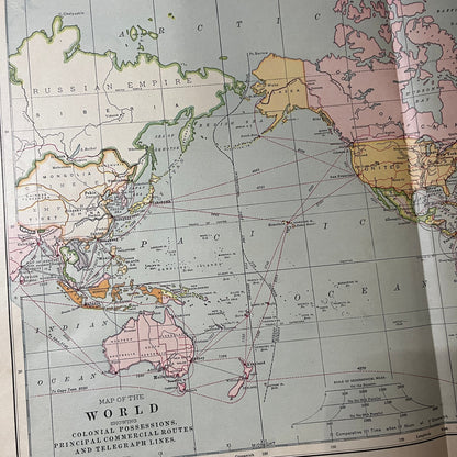 World Map Colonial Possessions Commercial Routes Telegraph Lines 1901 Map V14-1