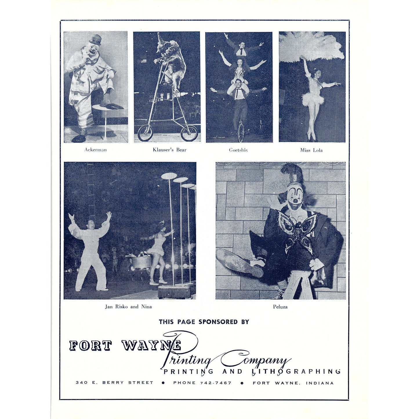 Fort Wayne Printing Co Shrine Circus Acts Klausers Bear Goetshis 1964 Ad AG1-9