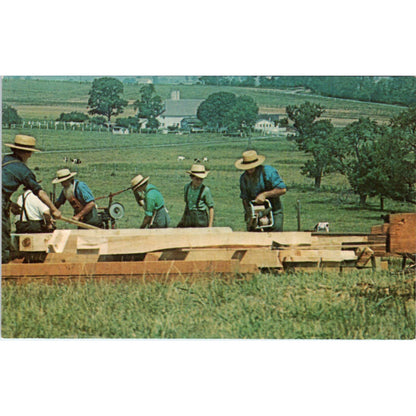 Amish Men Cut Beams and Joist Pennsylvania Dutch Country Postcard PD7