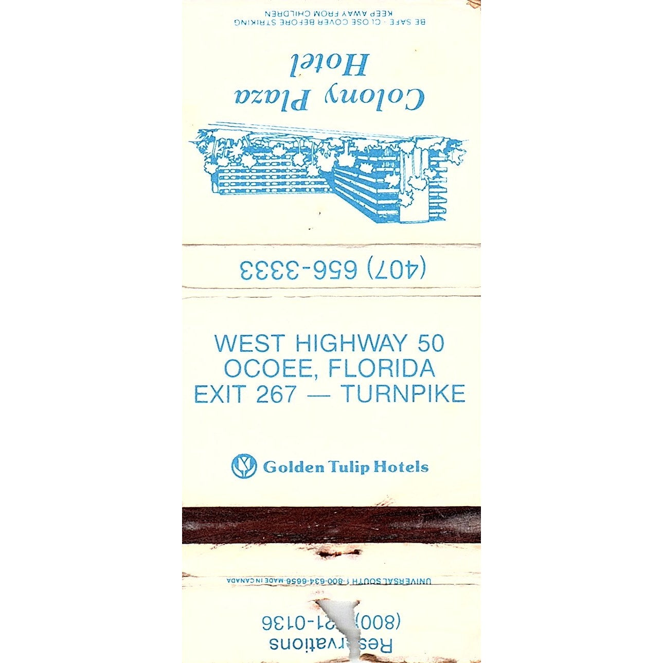 Colony Plaza Hotel Ocoee Florida Vintage Matchbook TB6-MB2-12