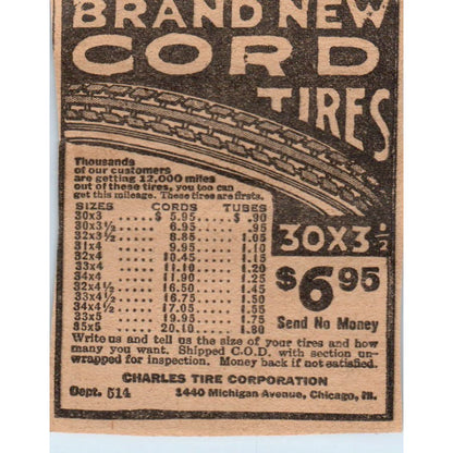 Cord Tires Charles Tire Corporation Chicago 1923 Magazine Ad Clip AE1-4