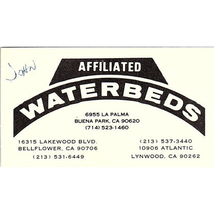 Affiliated Waterbeds Buena Park CA Lynwood CA Vintage Business Card SF3-B3