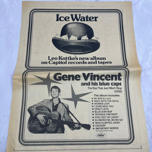 Leo Kottke Ice Water, Gene Vincent & His Blue Caps 11x14.5" 1974 Ad V14-2