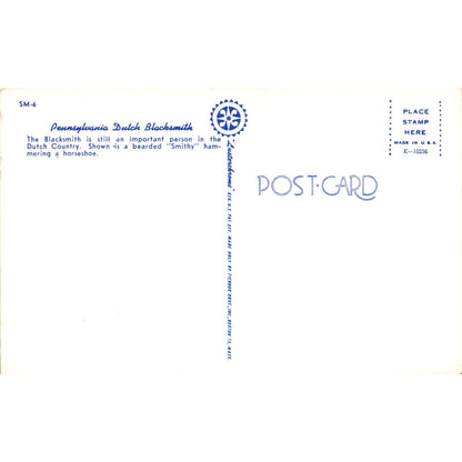 Amish Blacksmith with Horseshoe Pennsylvania Dutch Country Vintage Postcard PD4