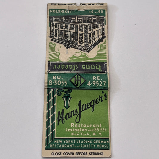 Hans Jaeger Restaurant Lexington & 85th NY Vintage Matchbook Cover MM3-3
