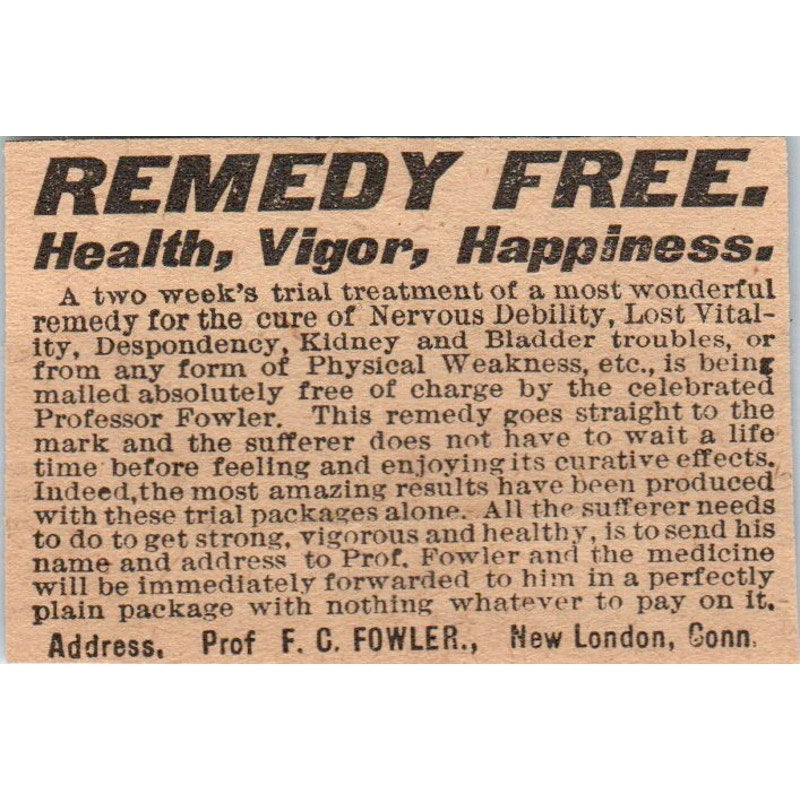 Nervous Debility Cure F.C. Fowler New London CT 1910 Magazine Ad AF1-CM1