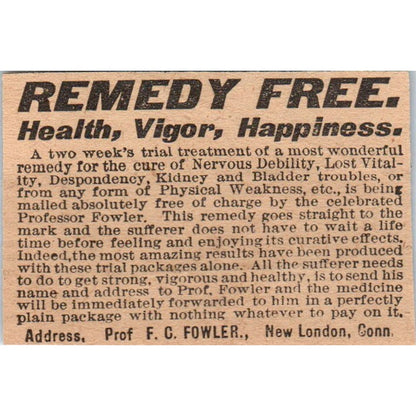 Nervous Debility Cure F.C. Fowler New London CT 1910 Magazine Ad AF1-CM1