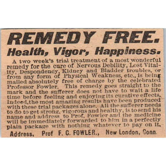 Nervous Debility Cure F.C. Fowler New London CT 1910 Magazine Ad AF1-CM1