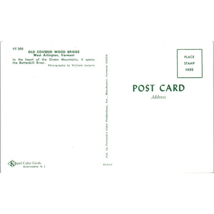 Old Covered Wood Bridge West Arlington VT Vintage Covered Bridge Postcard PD6