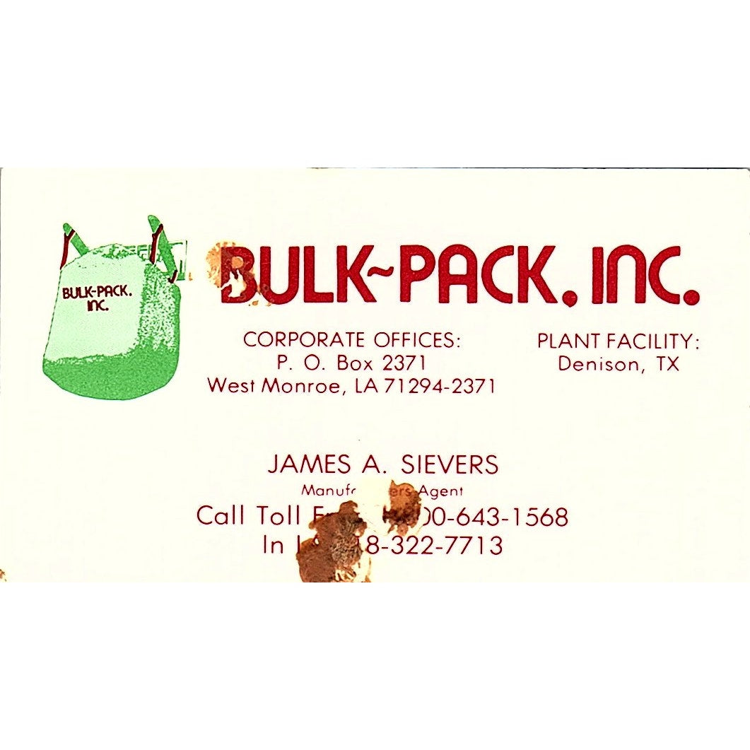 James A Sievers Bulk-Pack Inc Denison TX Vintage Business Card SC9-B2