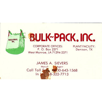 James A Sievers Bulk-Pack Inc Denison TX Vintage Business Card SC9-B2