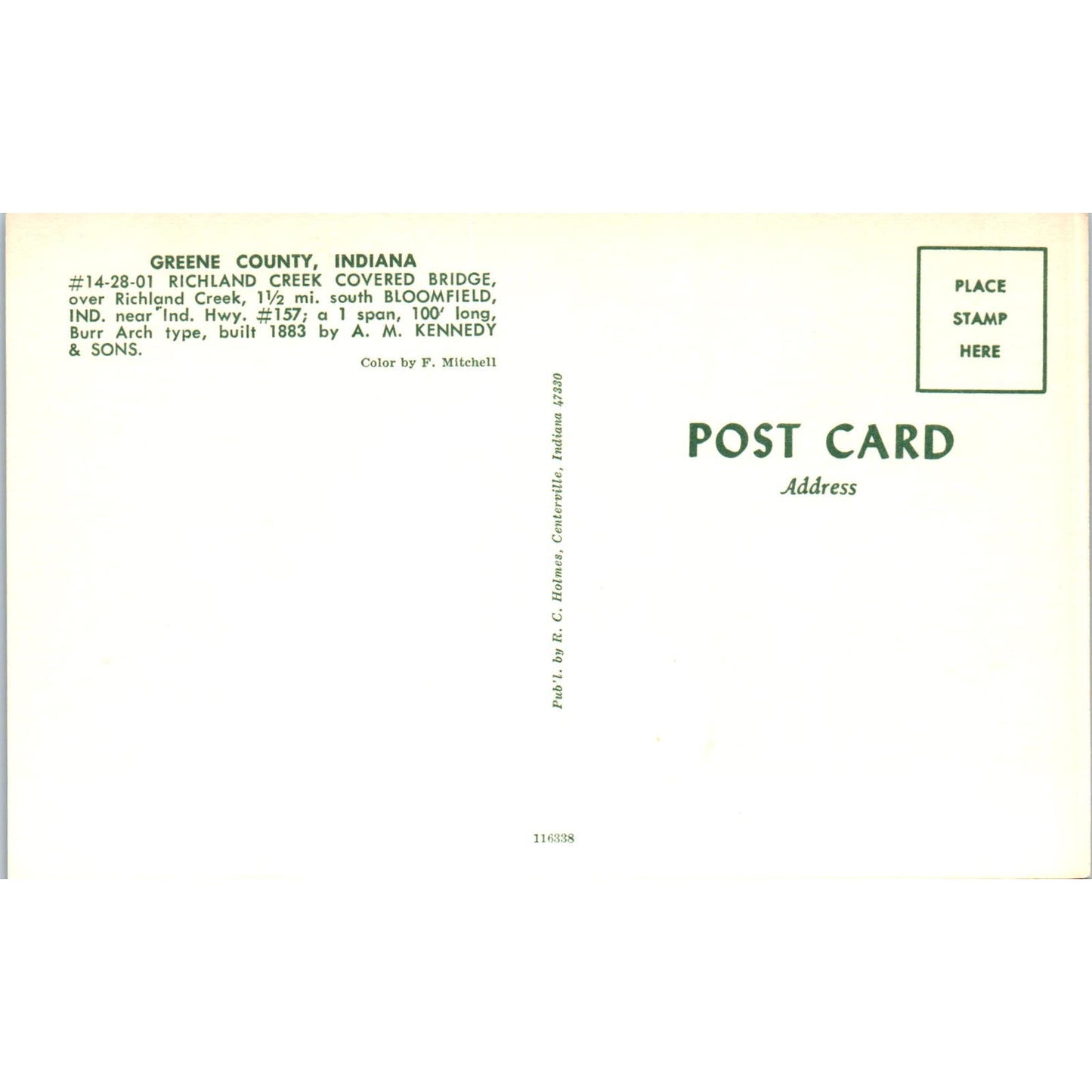 Greene County Richland Creek Bridge Bloomfield IN Covered Bridge Postcard PC8