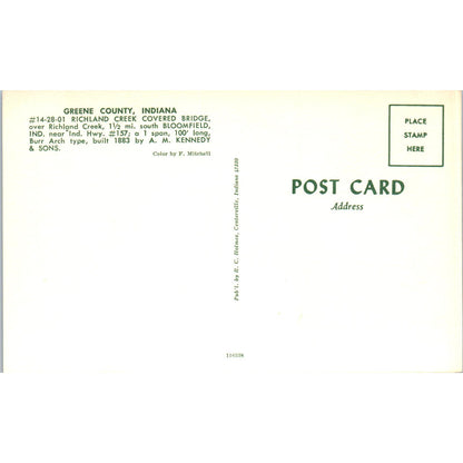 Greene County Richland Creek Bridge Bloomfield IN Covered Bridge Postcard PC8