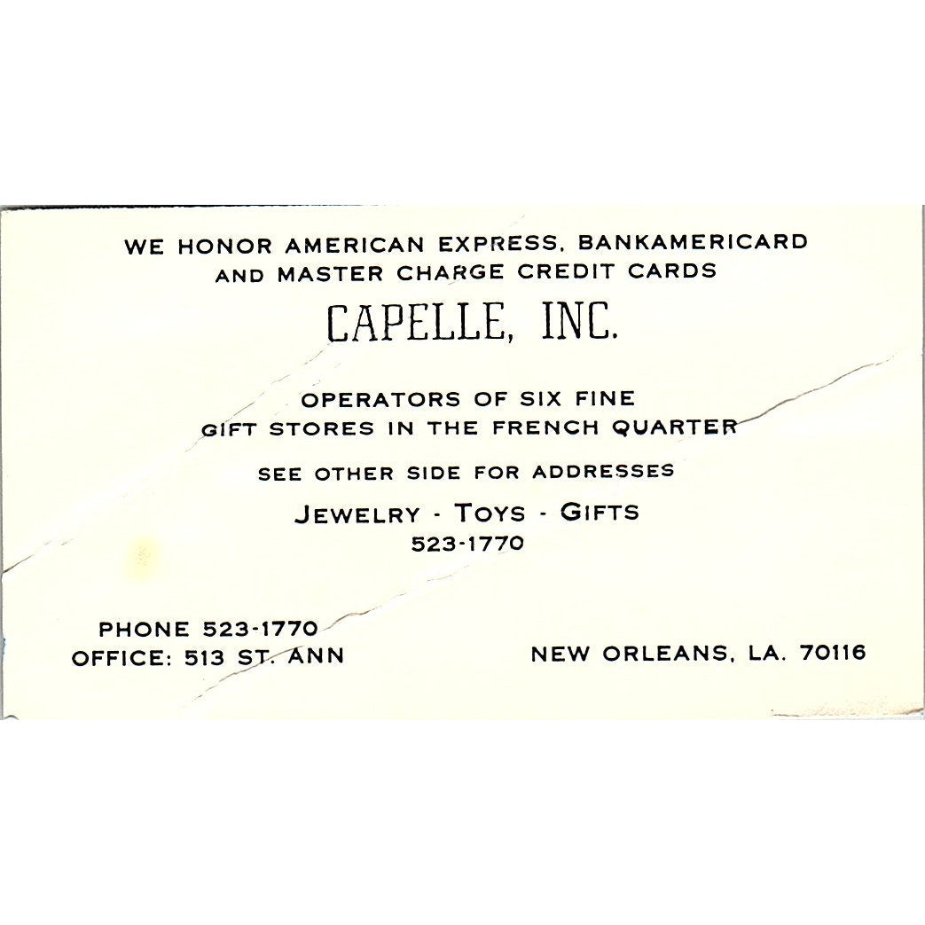 Capelle Jewelry Toys Gifts New Orleans, LA Vintage Business Card SF3-B4