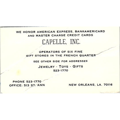 Capelle Jewelry Toys Gifts New Orleans, LA Vintage Business Card SF3-B4