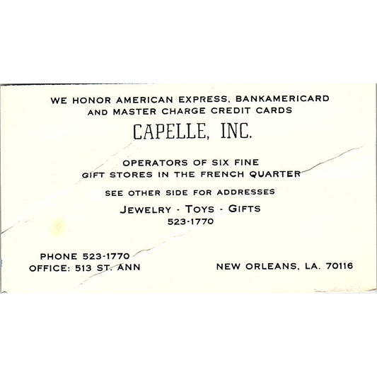 Capelle Jewelry Toys Gifts New Orleans, LA Vintage Business Card SF3-B4