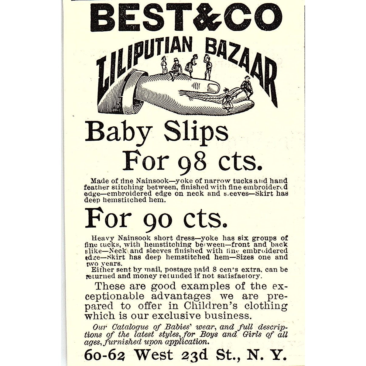 Best & Co Liliputian Bazaar Baby Slips W. 23rd St NY 1892 Ad AG2-M9
