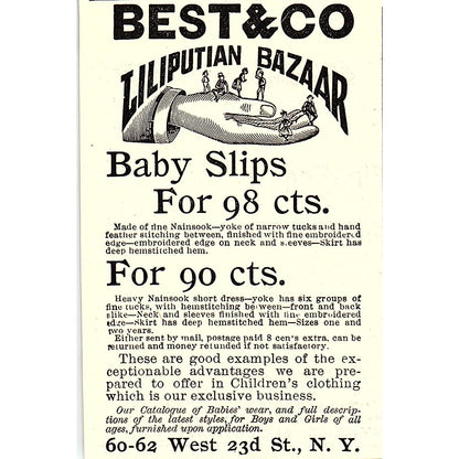 Best & Co Liliputian Bazaar Baby Slips W. 23rd St NY 1892 Ad AG2-M9