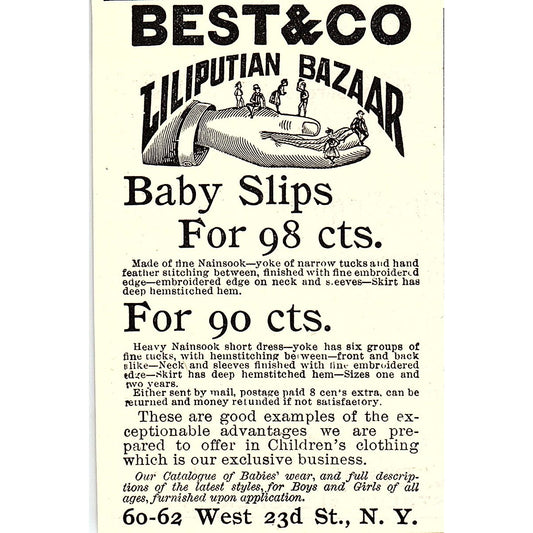 Best & Co Liliputian Bazaar Baby Slips W. 23rd St NY 1892 Ad AG2-M9