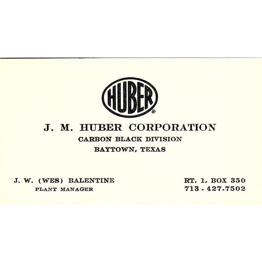 J.M. Huber Corporation J.W. (Wes) Balentine Vintage Business Card SF3-B3