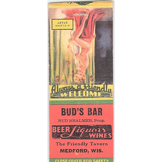 Bud's Bar Bud Bralmer Medford WI Pinup Vintage Matchbook Cover SC7-Y6