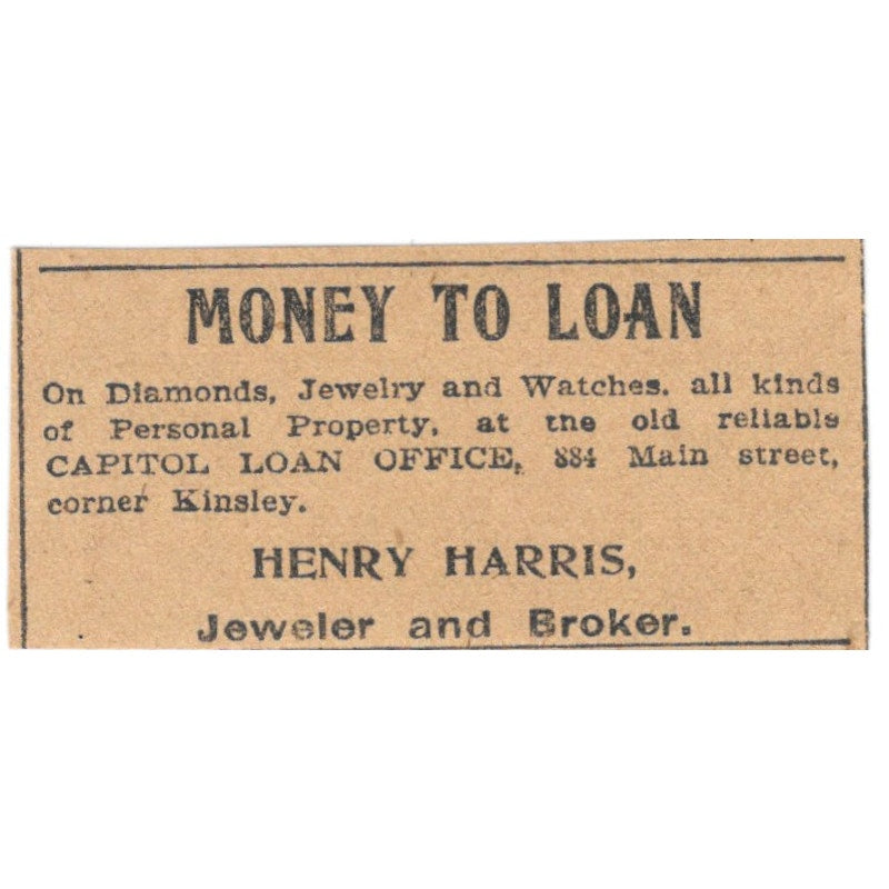 Henry Harris Capitol Loan Office Hartford 1901 Newspaper Ad AD8-HS9