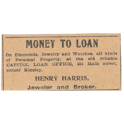 Henry Harris Capitol Loan Office Hartford 1901 Newspaper Ad AD8-HS9