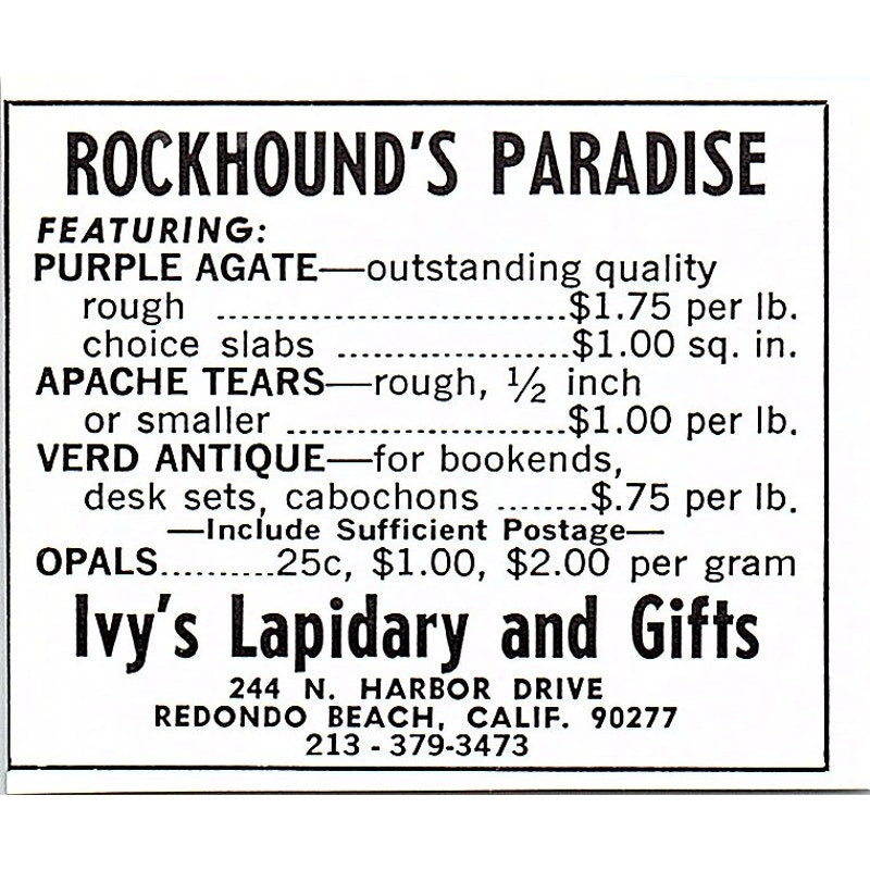 Irv's Lapidary & Gifts Redondo Beach CA 1972 Ad AF8-M2