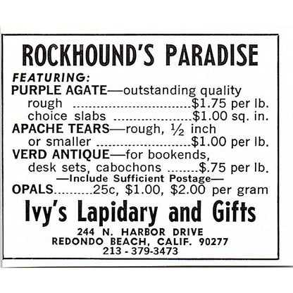 Irv's Lapidary & Gifts Redondo Beach CA 1972 Ad AF8-M2