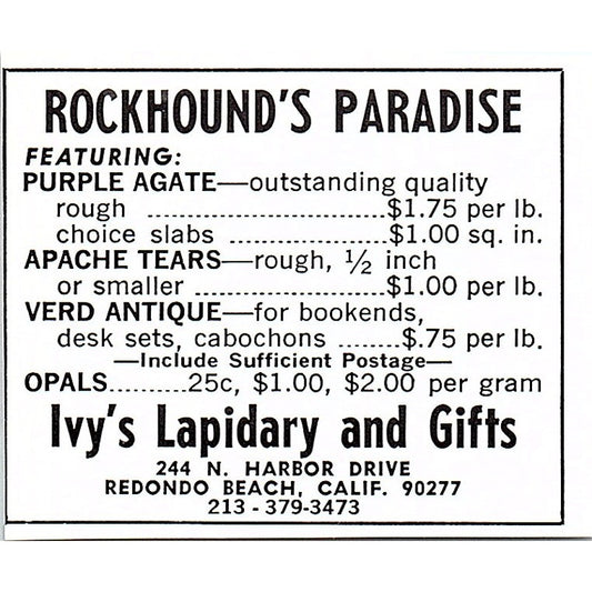Irv's Lapidary & Gifts Redondo Beach CA 1972 Ad AF8-M2