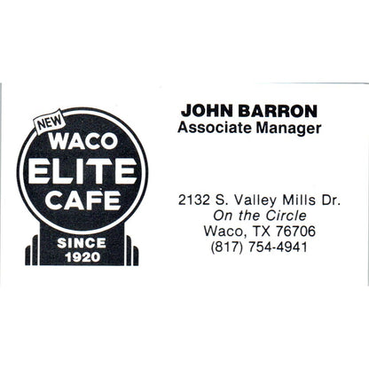 John Barron Waco Elite Cafe TX Vintage Business Card SD8-B6
