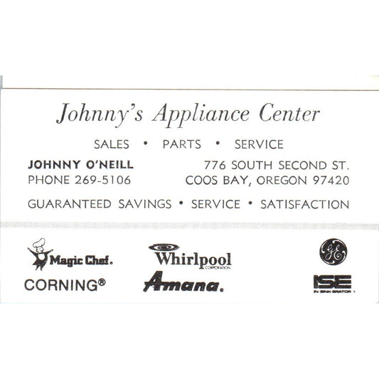 Johnny's Appliance Center Johnny O'Neil Coos Bay Vintage Business Card SD8-B13
