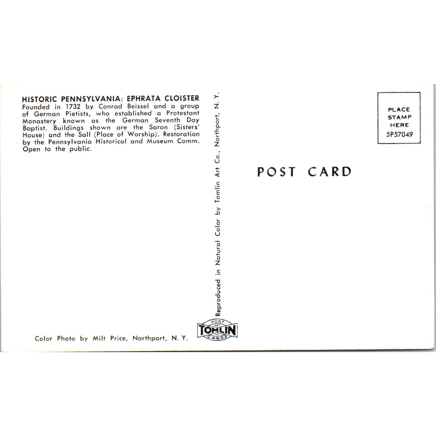 Historic Pennsylvania Ephrata Cloister PA Dutch Country Vintage Postcard PD4