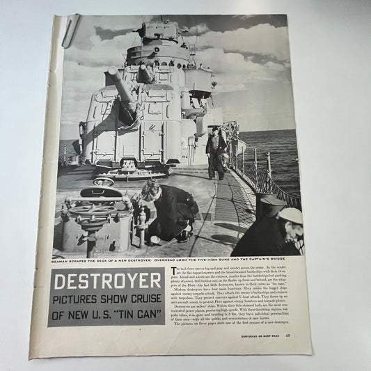 Destroyer Pictures Show Cruise of US "Tin Can" 4 Pages 1940s WWII Article V29-5