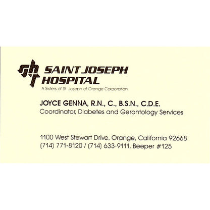 Saint Joseph Hospital Joyce Genna Orange CA Vintage Business Card SF3-B3