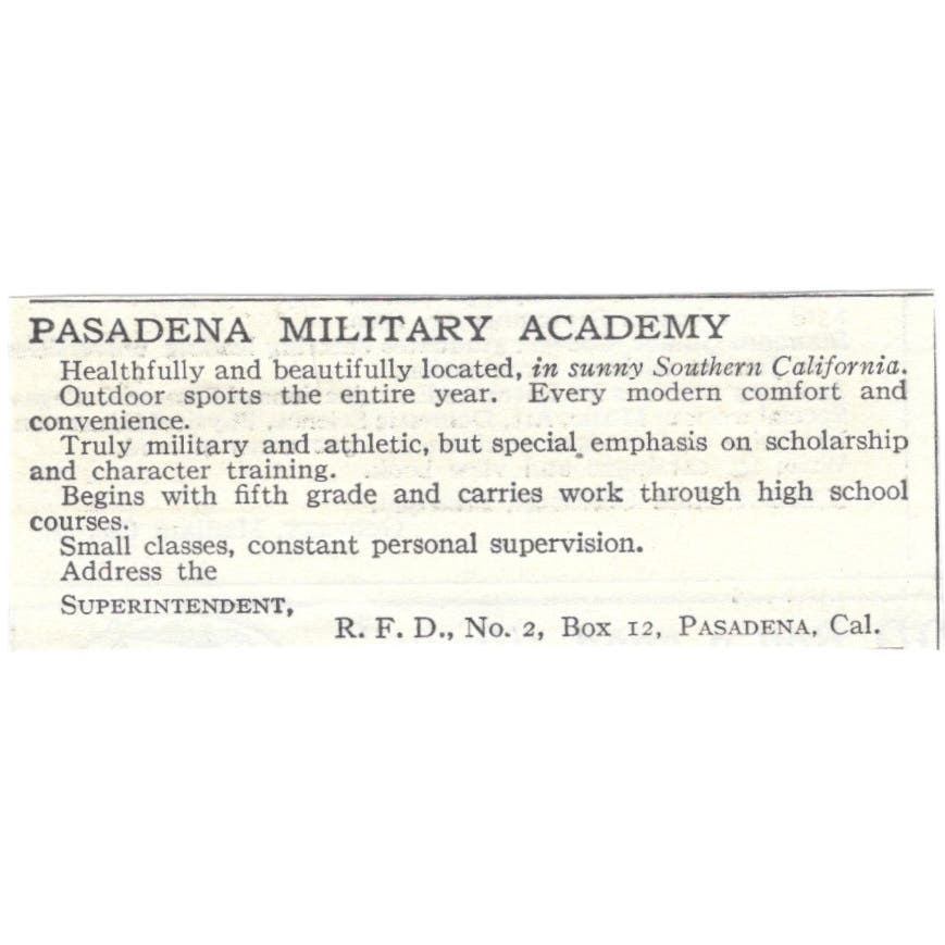 Pasadena Military Academy CA c1918 Original Magazine Advertisement AE5-SA11
