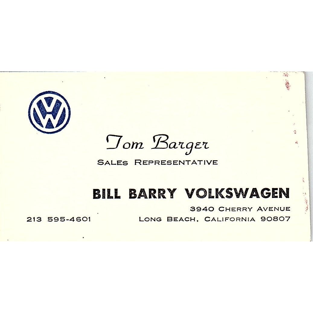 Bill Barry Volkswagen Tom Barger Long Beach Vintage Business Card SD9-B11
