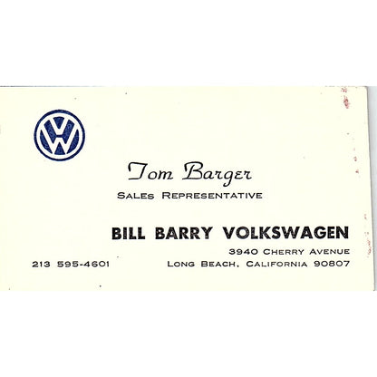 Bill Barry Volkswagen Tom Barger Long Beach Vintage Business Card SD9-B11