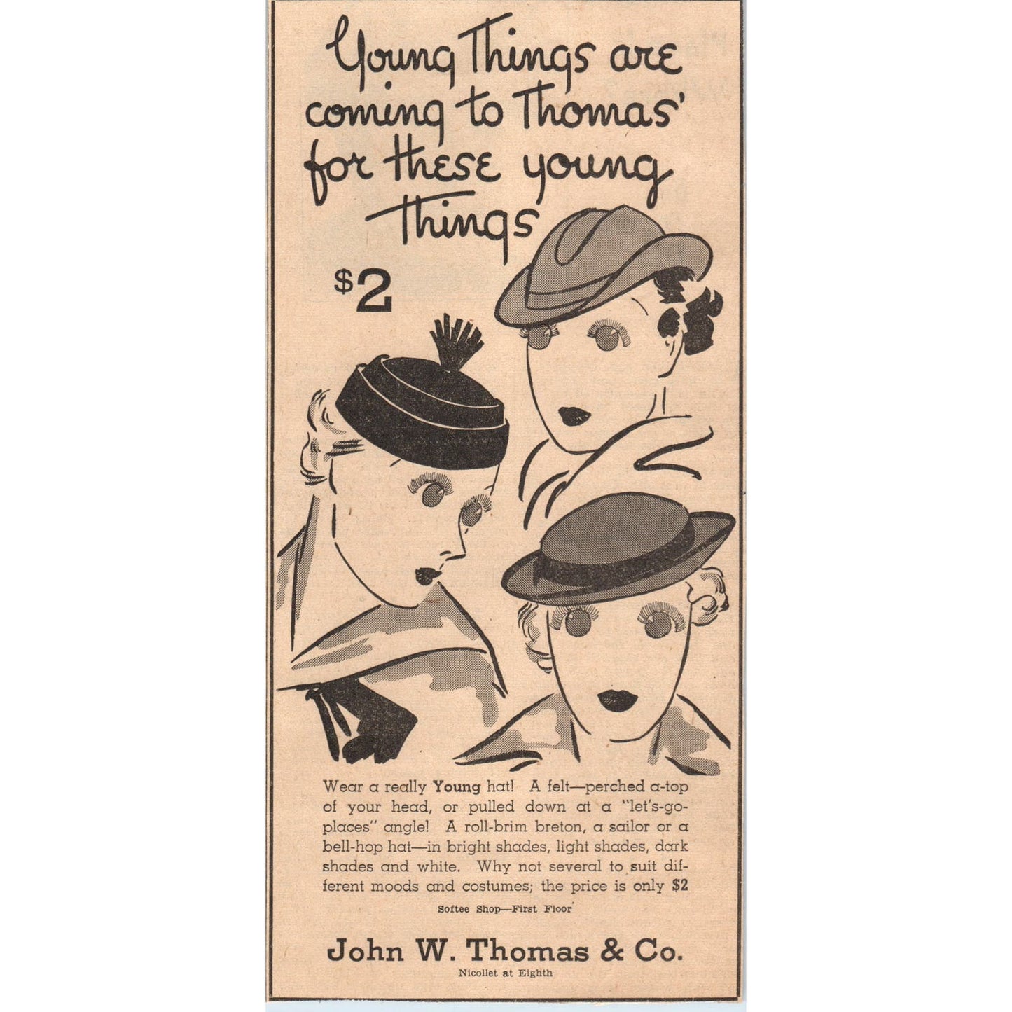 John W. Thomas Felt Hats 4x8" 1935 Minneapolis Journal Advertisement D10