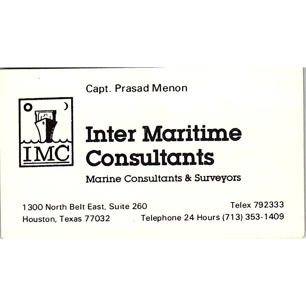 Inter Maritime Consultants Capt. Prasad Menon Houston TX Business Card SSB4-B13