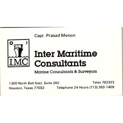 Inter Maritime Consultants Capt. Prasad Menon Houston TX Business Card SSB4-B13