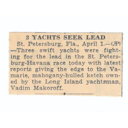 St Petersburg-Havana Yacht Race Vadim Makoroff 1935 News Article AE7-N6