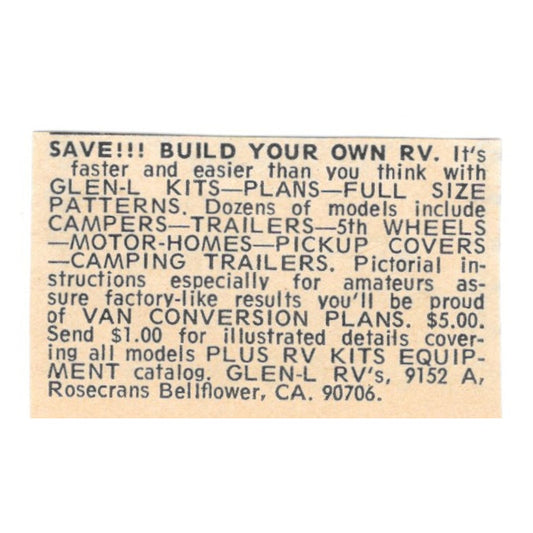Glen-L RVs Bellflower CA Build Your Own RV 1977 Ad AF6-S1