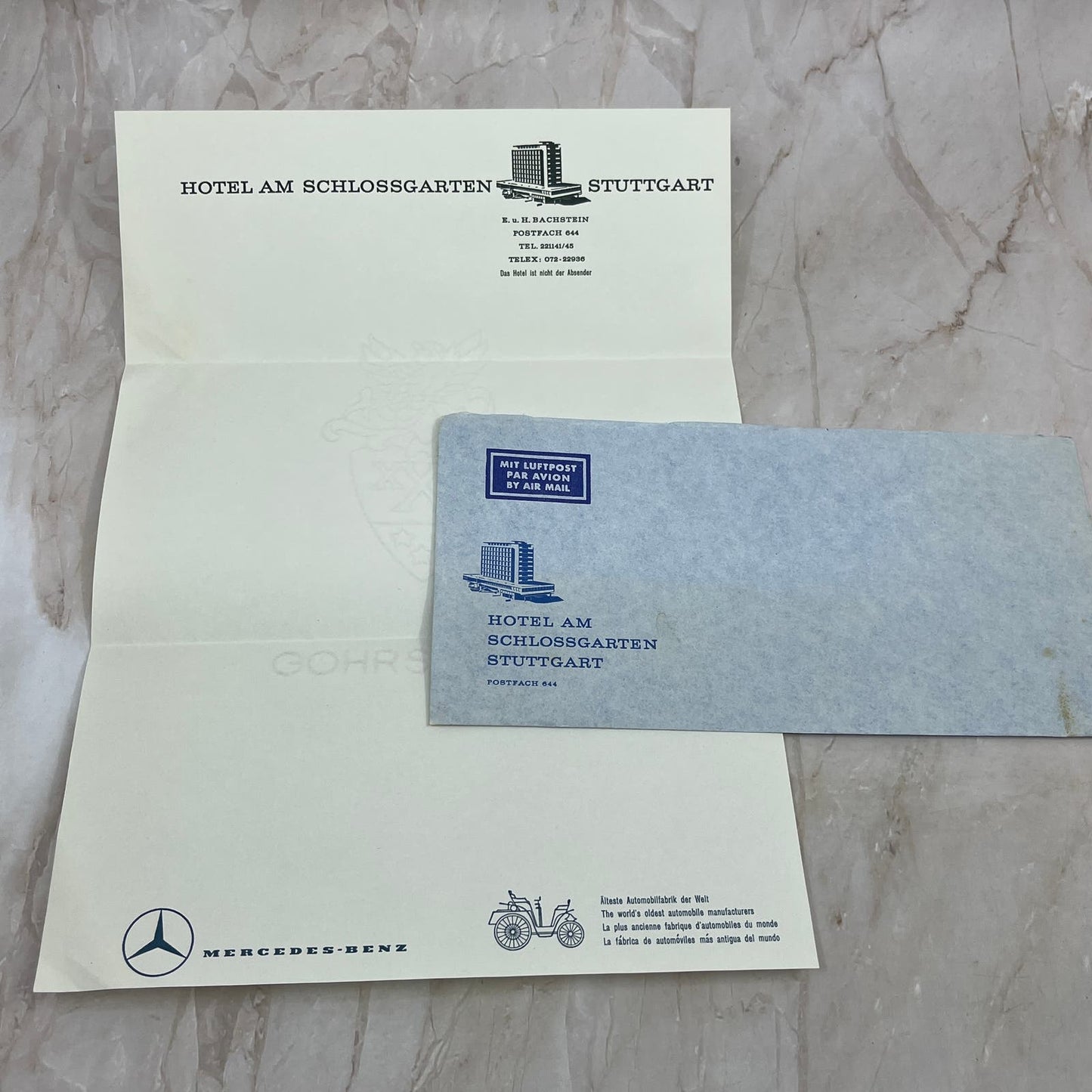 Vintage Hotel Am Schlossgarten Stuttgart Germany Letterhead Mercedes Benz AE3