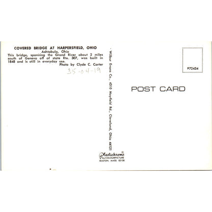 Grand River Bridge Harpersfield Ohio Covered Bridge Postcard PC3