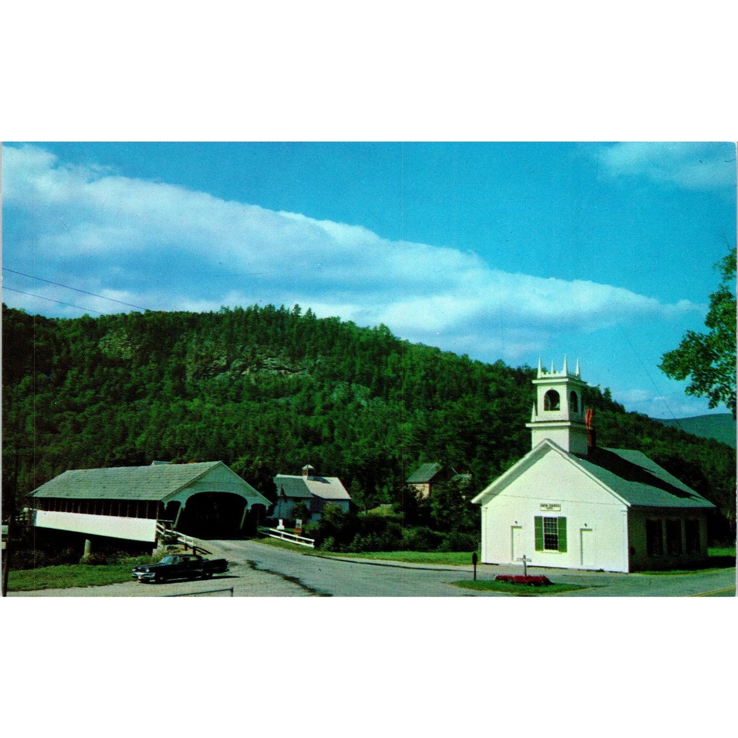 Covered Bridge and Church at Stark New Hampshire Covered Bridge Postcard PC1