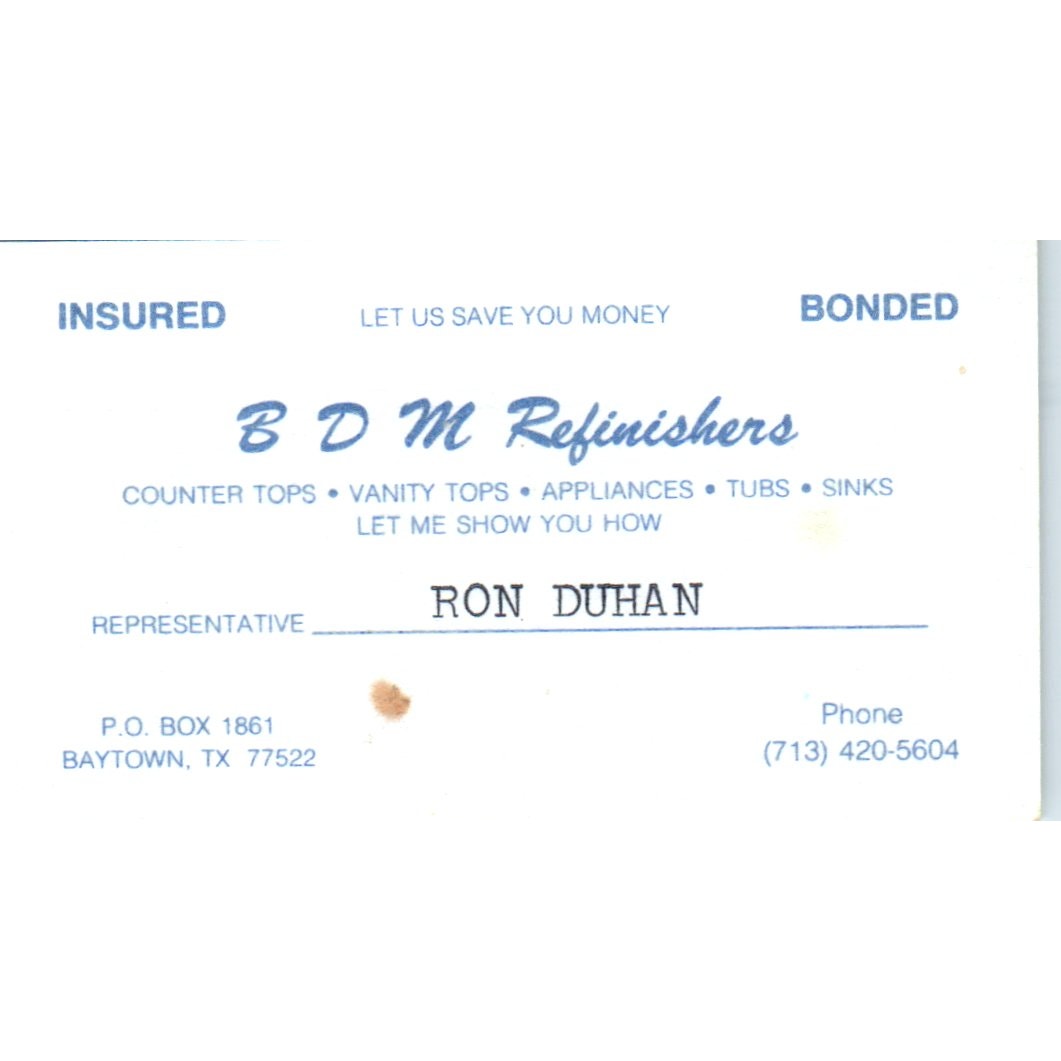 BDM Refinishers Ron Duhan Baytown TX Vintage Business Card SD8-B3